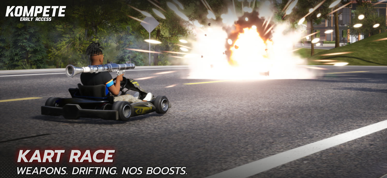 KOMPETE Kart Race — weapons, drifting, NOS boosts